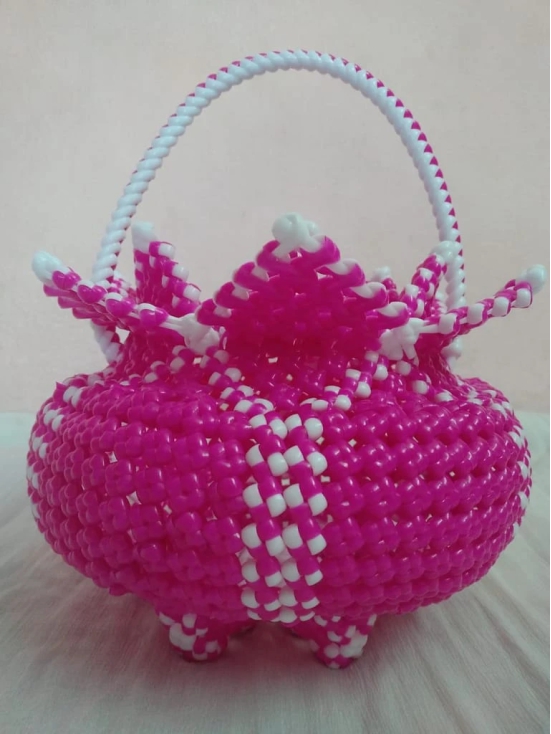 Handcrafted Pink and White Beaded Basket with Handle