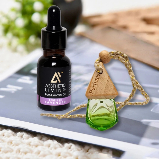 Aesthetic Living Car Aromatizer Diffuser Bottle with Essential Oil (Crystal Colored Transparent Combo- 8 ml + English Lavender Essential Oil, 15 ml)