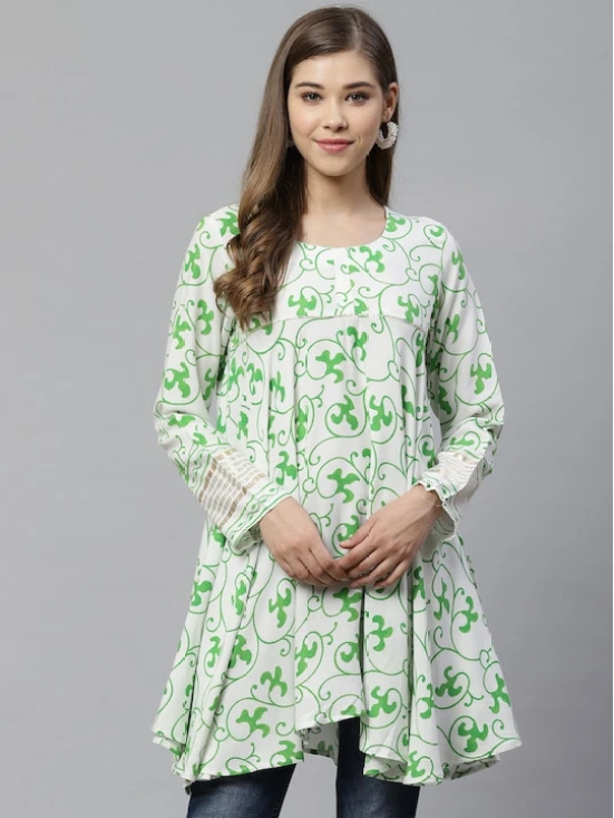 Women White & Green Ethnic Printed Asymmetric Tunic