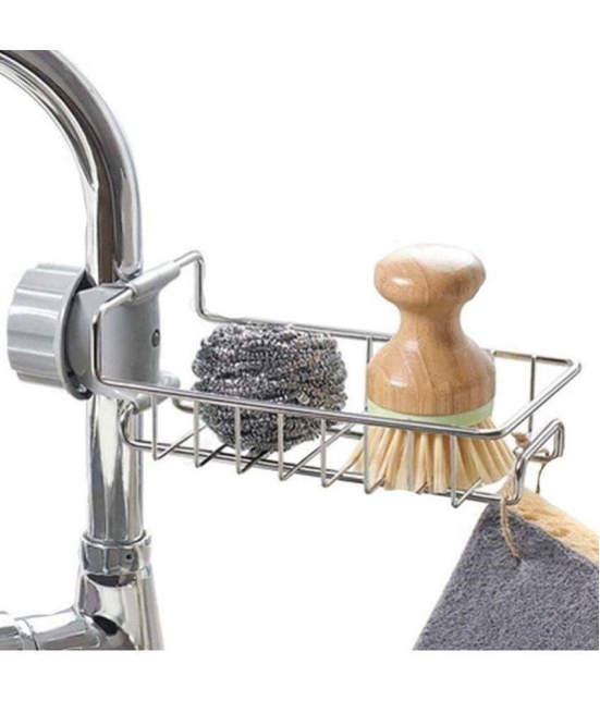 GEEO Kitchen Sink Faucet Sponge Holder Caddy organizer over, stainless steel heavy duty thickening hanging drain rack for scrubbers, sop, bathroom, detachable no suction cup bathroom sop hol