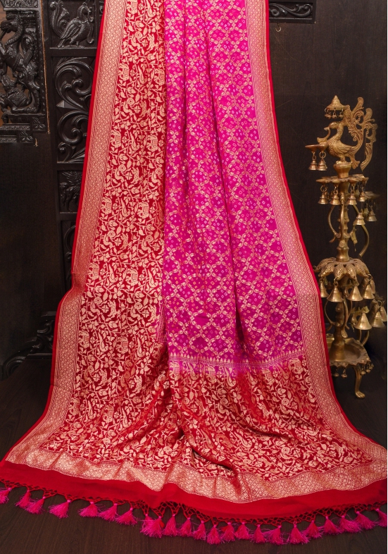 Pink Authentic Hand Bandhej Banarasi Silk Georgette Saree with geometric Jaal and Shikaargah Borders | SILK MARK CERTIFIED