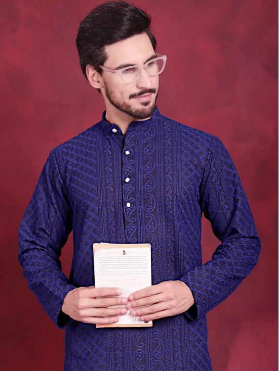 Mens Chikankari Embroidered Kurtas.-XXL / Navy-Blue