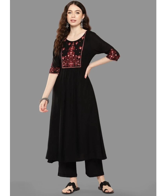 Janasya Rayon Embroidered A-line Womens Kurti - Black ( Pack of 1 ) - None