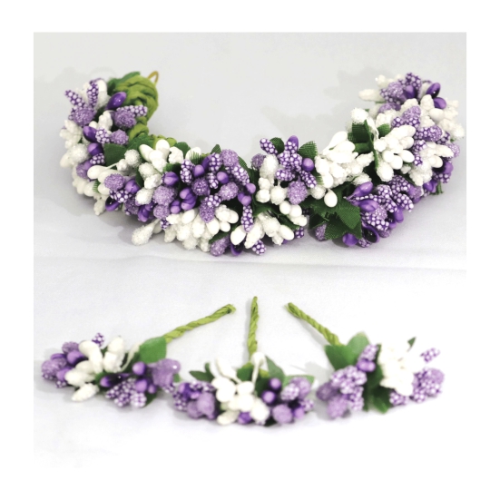 SHG Fashion Art Handmade Purple with White Color Artificial Veni Flowers with 3 Pins | Floral Wedding Bridesmaid Hair Jewellery (Purple with White)