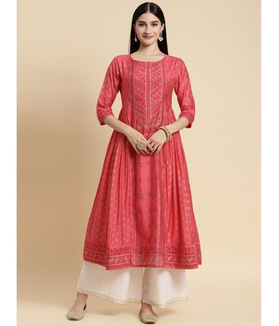 Rangita Women Chanderi Coral Sequin Yoke Embroidered Calf Length Kurti Gathered At Side - None