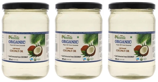 Farm Naturelle 100 % Pure Organic Virgin Cold Pressed Coconut Cooking Oil -500 ml x3 (Glass Bottles )