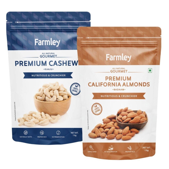 Farmley Premium Dry Fruits Combo Pack Almond 1 Kg & Cashew 1 Kg Total 2 Kg | Sources of Protein And Fiber Almond Cashew Combo