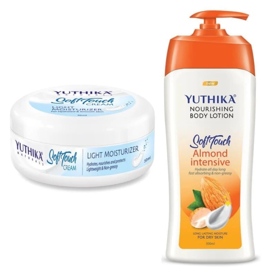 Yuthika Soft Touch Light Moisturizer Cream 50ml and Almond Body Lotion 500ml Combo Pack