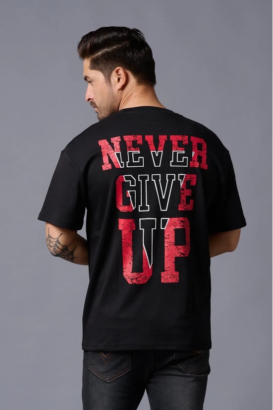 Never Give Up (in Red) Printed Black Oversized T-Shirt for Men XXL