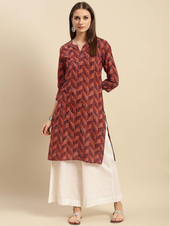 Rangita Women 100% Cotton Peach Geometric printed Knee length straight kurti - None