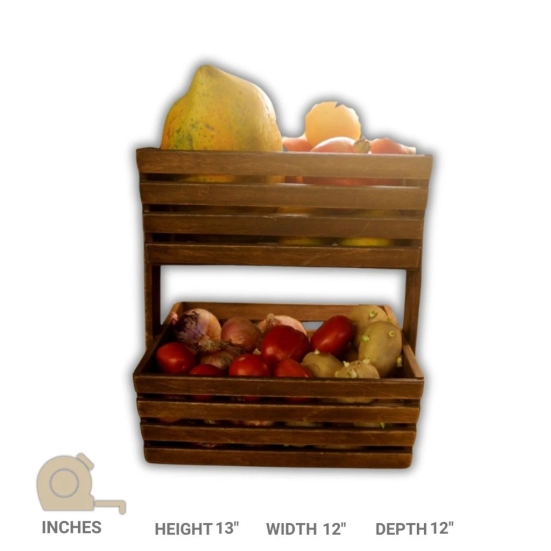 Barish Home Decor - Fruit Basket 3 - Beautiful and Elegant | 2 Tier Wooden Fruit and Vegetable Basket | Handcrafted with Rubberwood | Multipurpose Basket Storage