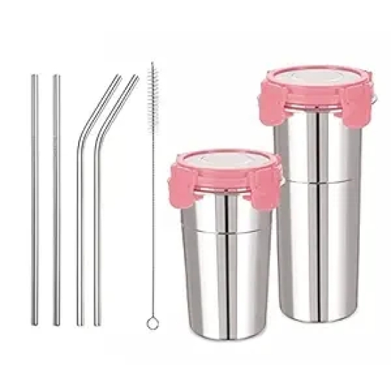 KATHIYAWADI Stainless Steel Fusion Glass Tumbler with Stainless Steel Drinking Straws and Cleaning Brush Stainless Steel Lid (Multicolor) (400ML-600ML)