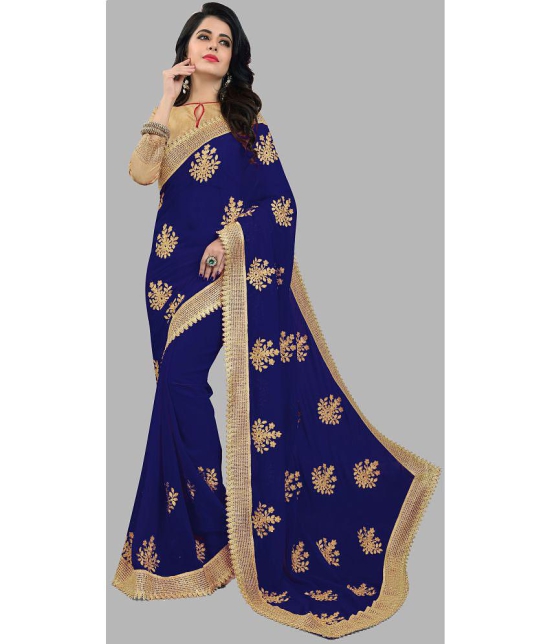 Om Shantam Sarees - Navy Blue Silk Blend Saree With Blouse Piece ( Pack of 1 ) - Navy Blue