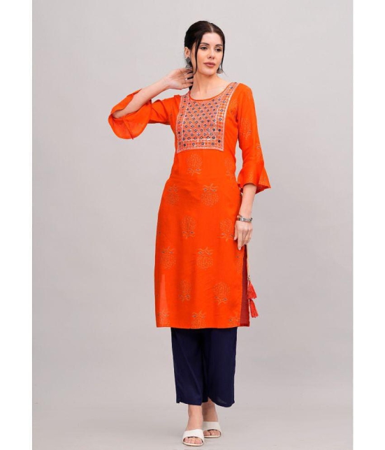 MAUKA Rayon Embroidered Kurti With Palazzo Womens Stitched Salwar Suit - Orange ( Pack of 1 ) - None