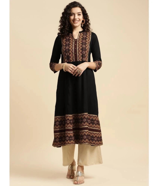 Rangita Women Rayon Black Ethnic Printed Calf Length Flared Kurti - None