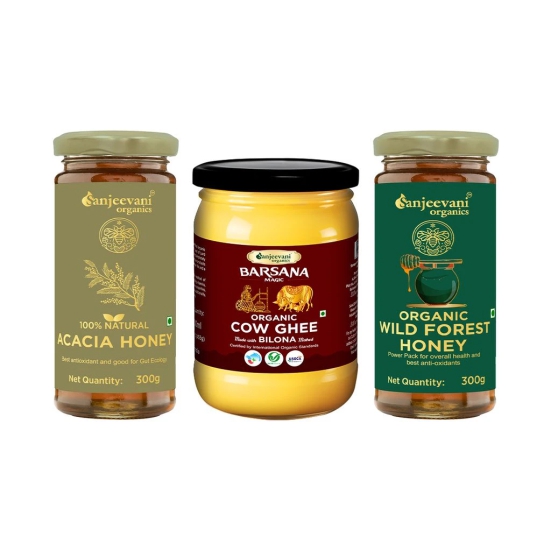 Sanjeevani Pack Of 3 | 100% Natural Acacia Honey 300g No Sugar Adulteration and Lab tasted | Organic Wild Forest Honey | Raw & Organic Honey 300g| Pure, Organic, Unprocessed | Barsana Magic Bilona Cow Ghee Made by Natural Bilona Process 500ml .