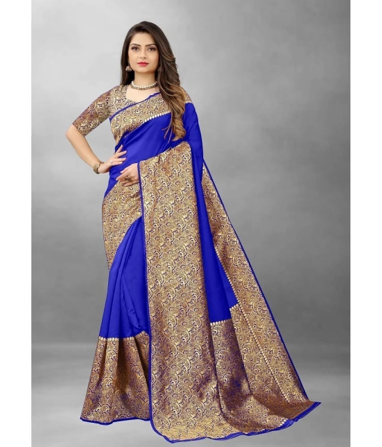 Gazal Fashions Banarasi Silk Embellished Saree With Blouse Piece - Blue ( Pack of 1 ) - Blue