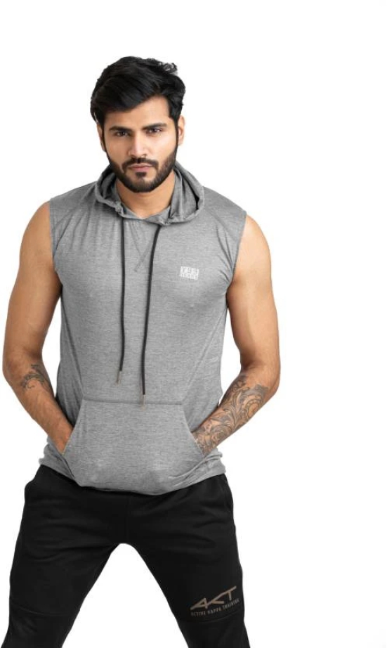 Men Solid Hooded Neck Polyester Grey T-Shirt