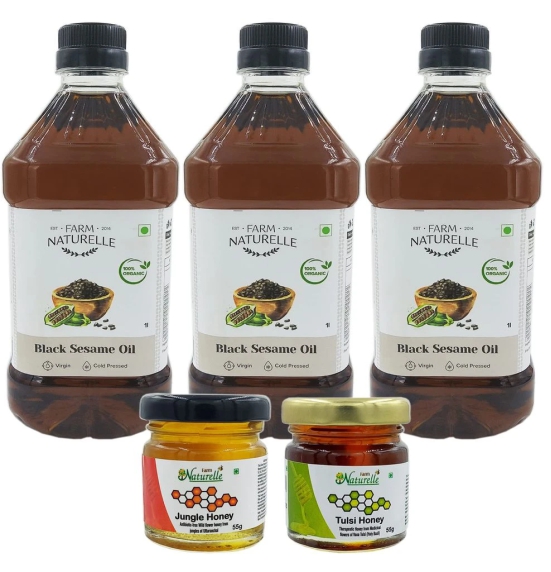 Farm Naturelle The Finest Cold Pressed Virgin Organic Sesame Oil from Black Sesame Seeds,1Ltr (Pack of 3) with Free Raw Honey.