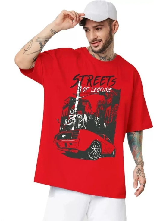 Leotude Cotton Blend Oversized Fit Printed Half Sleeves Mens Round T-Shirt - Red ( Pack of 1 ) - None