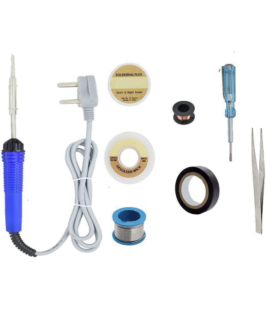 ALDECO: ( 8 in 1 ) 25 Watt Soldering Iron Kit With- Blue Iron, Wire, Flux, Wick, Jumping Wire, Tape, Tester, Tweezer