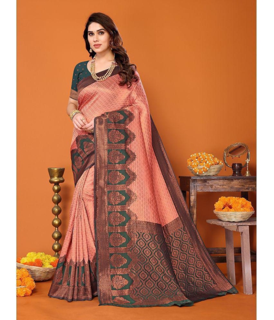 Rangita Women Ethnic Motifs Woven Kanjivaram Saree with Blouse Piece - Peach - Peach