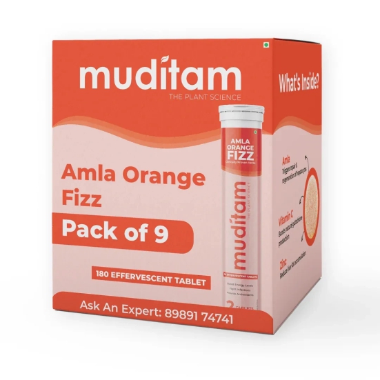 Muditam Ayurveda Amla Orange Fizz Tablet | Vitamin C Effervescent tablets for Skin, Hairs & Eyes | Amla Orange Extract 180 Effervescent Tablets | Immunity Booster - Antioxidant Builder