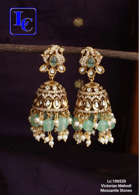  Victorian Meenakari Kundan Polki Earrings with Green Stones and Pearls