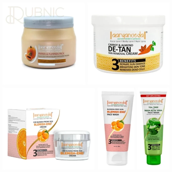 Aryanveda Papaya Pumpkin Face Pack & Blemish-End Cream & Carrot & Almond De-Tan - Tan Removal Massage Cream BLEMISH FACE WASH COMBO