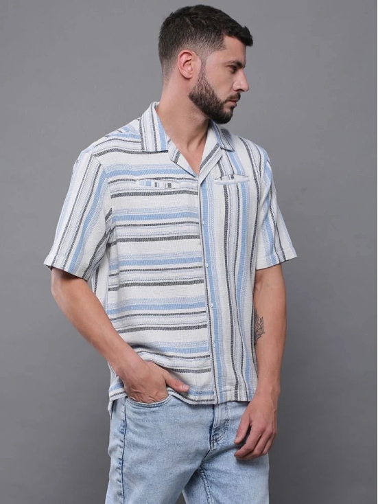 Difference of Opinion 100% Cotton Regular Fit Striped Half Sleeves Mens Casual Shirt - White ( Pack of 1 ) - None