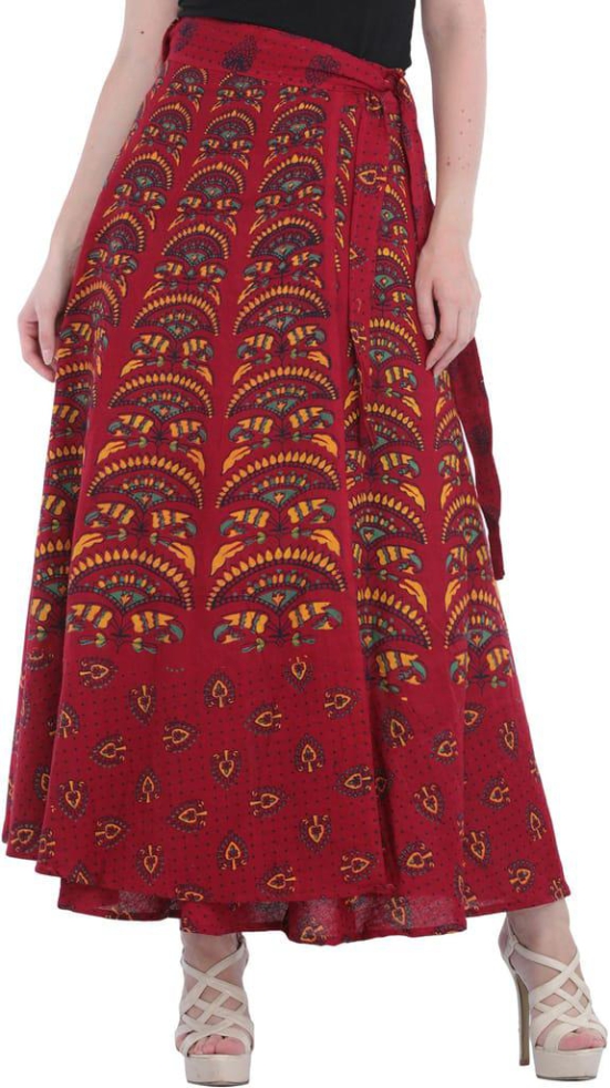 Biking-Red Wrap-Around Printed Long Skirt from Pilkhuwa