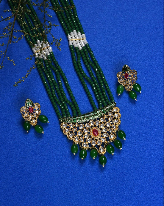 Gold Plated Kundan Beaded Necklace and Earrings Set