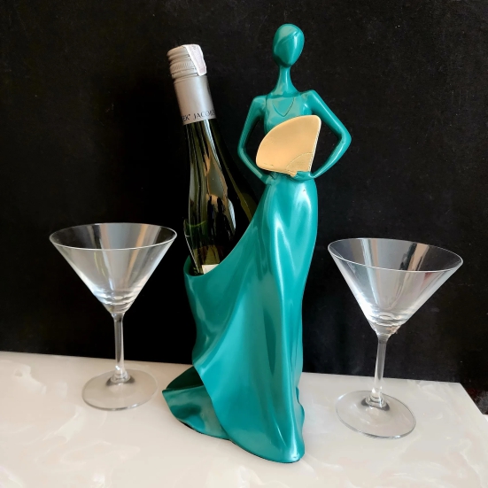 Modern Wine Holder Lady-Teal Green / Polyresin | Matt Finish / H: 14 | L: 6 | W: 6 (inches)