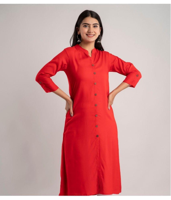 MAUKA - Red Rayon Women''s Front Slit Kurti ( Pack of 1 ) - None