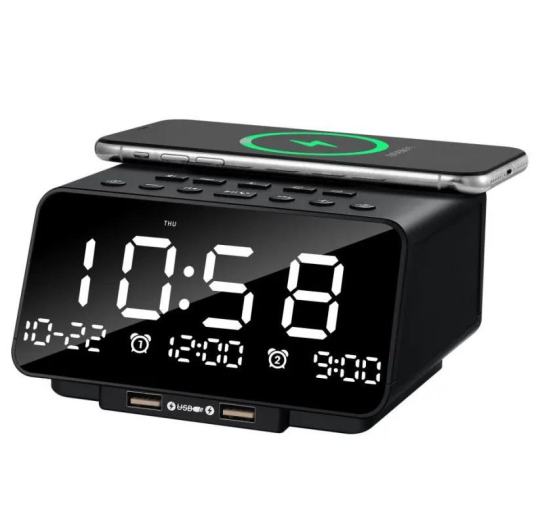 K9 Multifunctional Wireless Bluetooth Speaker with Alarm Clock, Cell Phone Wireless Charger Function-Black / US Plug
