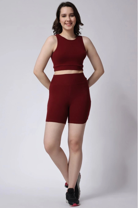 Womens Maroon Gym Co-Ord Set Ribbed Sleeveless-M / Maroon