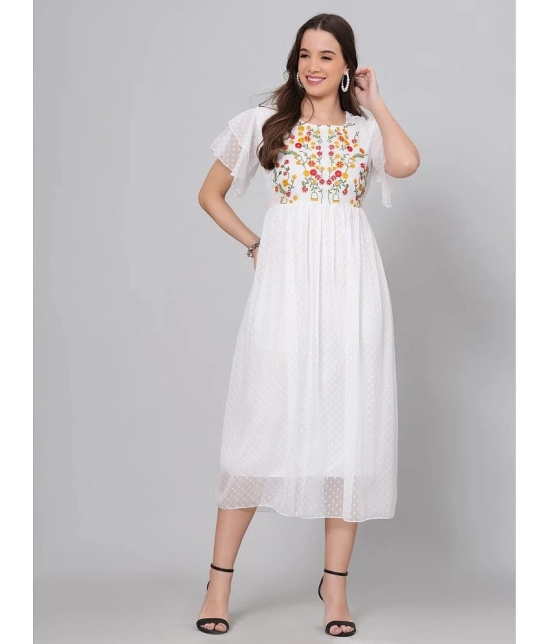 HIGHLIGHT FASHION EXPORT Crepe Embroidered Midi Womens Fit & Flare Dress - White ( Pack of 1 ) - None