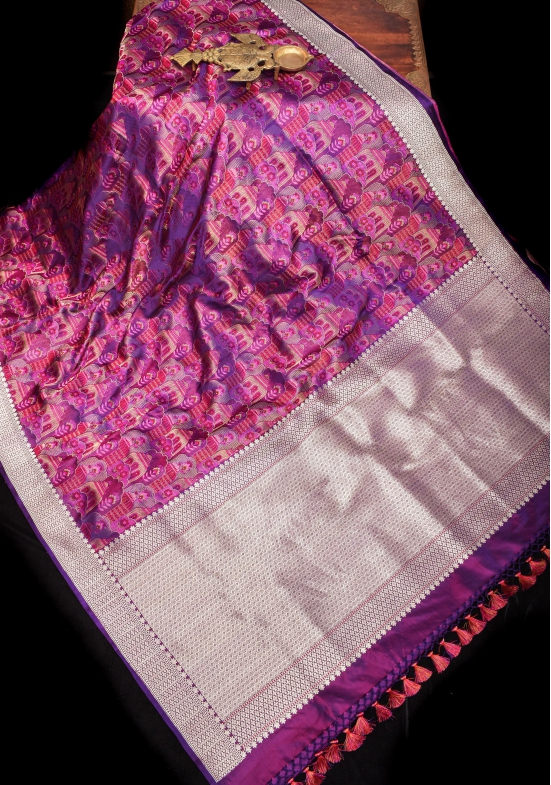 Statement Tanchoi Satin Silk Saree in Purple with Tehra Zari Meena and unique body design | SILK MARK CERTIFIED