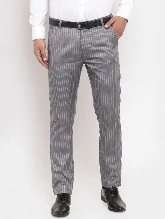 Indian Needle Men's Grey Cotton Striped Formal Trousers-30 / Grey