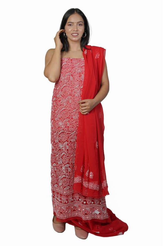 VASU INC. Handmade Lucknow Chikankari Red Unstitched Dress Material ms013