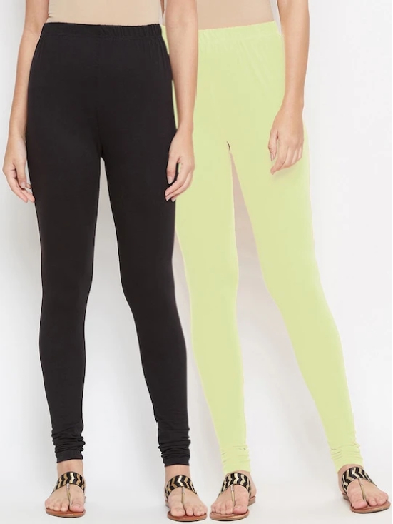 Women Black & Lime Green Pack Of 2 Solid Churidar-Length Leggings