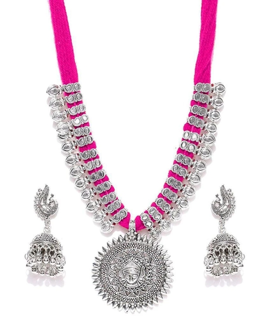 Youbella Antique German Silver Oxidised Plated Tribal Cotton Thread Jewellery Set For Women & Girls (Pink) - Pink