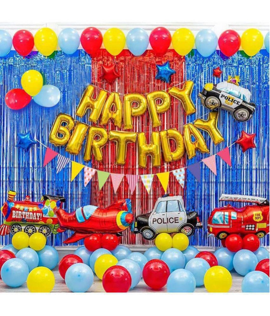 Party Propz Birthday Decoration Boys Happy Birthday Foil Balloon Transport Vehicles Foil Balloons Plane Train P*lice Car Plane Fire Truck Foil Curtain for Kids Boys 1st Birthday - Set of 70 