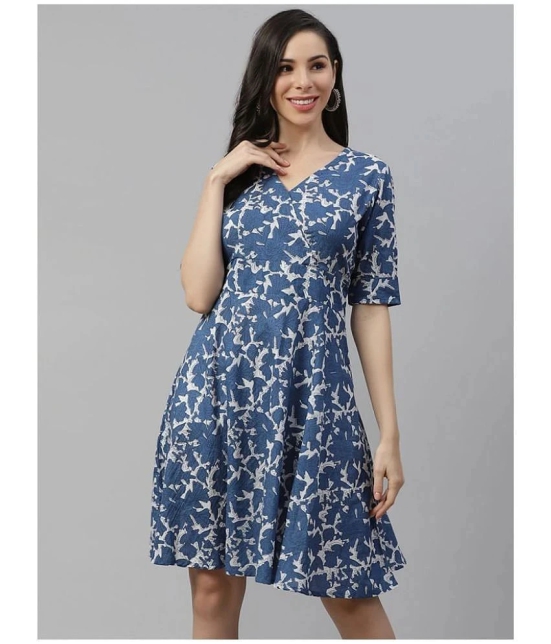 Divena Cotton Blue Fit And Flare Dress - - XL