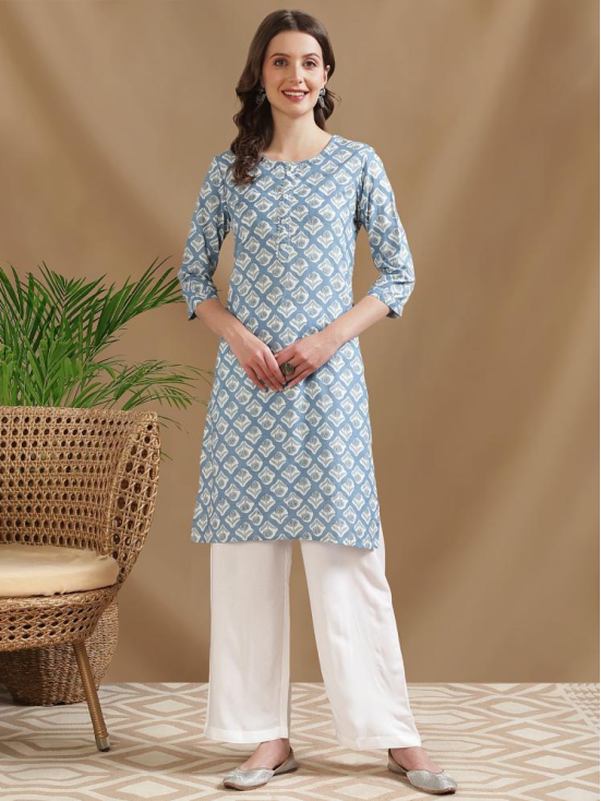 Rangita Women Cotton Blue Printed Knee Length Straight Kurti - None