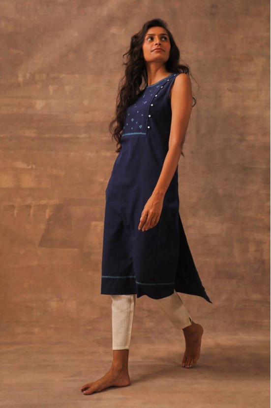 Liana Indigo Sleeveless Kurta with Hand Embroidery