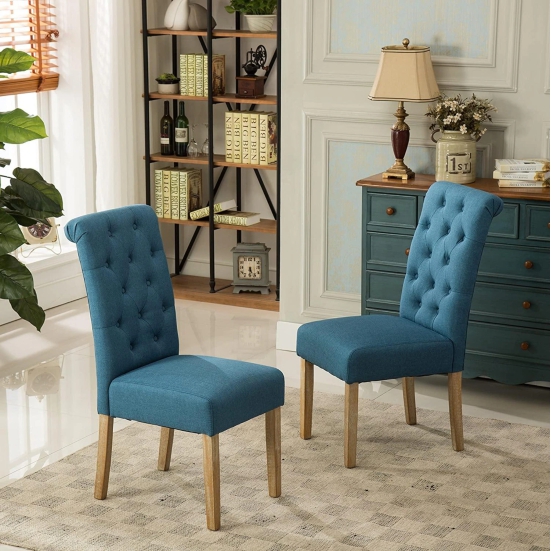 Wooden Twist Button Tufted Parsons Teak Wood Dining Chair (Set of 2)-Blue