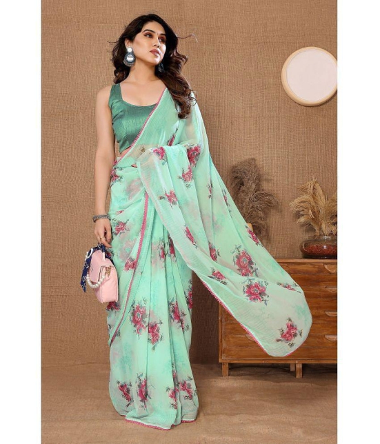 Gazal Fashions Georgette Printed Saree With Blouse Piece - Green ( Pack of 1 ) - Green