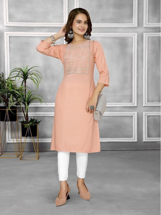 Rangita Women Rayon Peach Embroidered Knee Length Straight Kurti - None