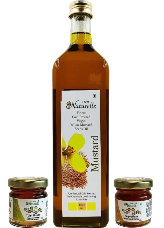 Farm Naturelle (Glass Bottle) Virgin Cold Pressed Uttarakhand Yellow Mustard Seed Cooking Oil (1000 ML) with Free 55Gms x 2, Tulsi Honey and Ginger Honey